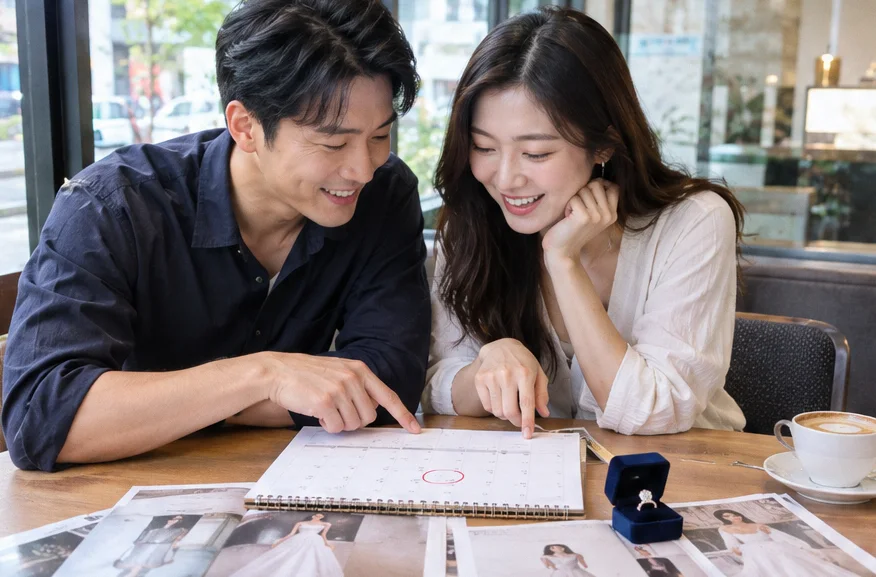 一對情侶指著月曆上圈起來的婚期