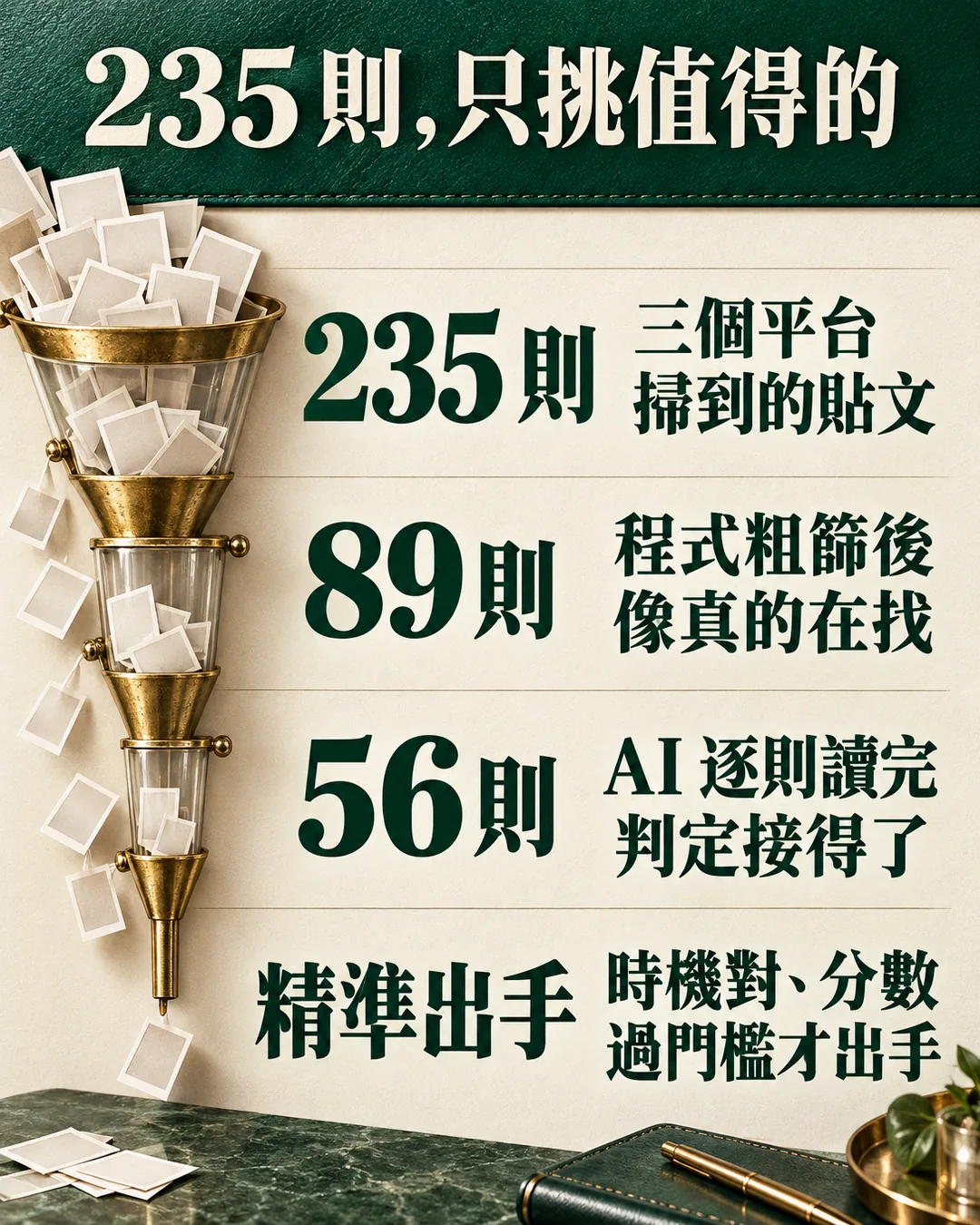 235 則貼文,只挑值得的:89 則像真的在找、56 則判定接得了、精準出手