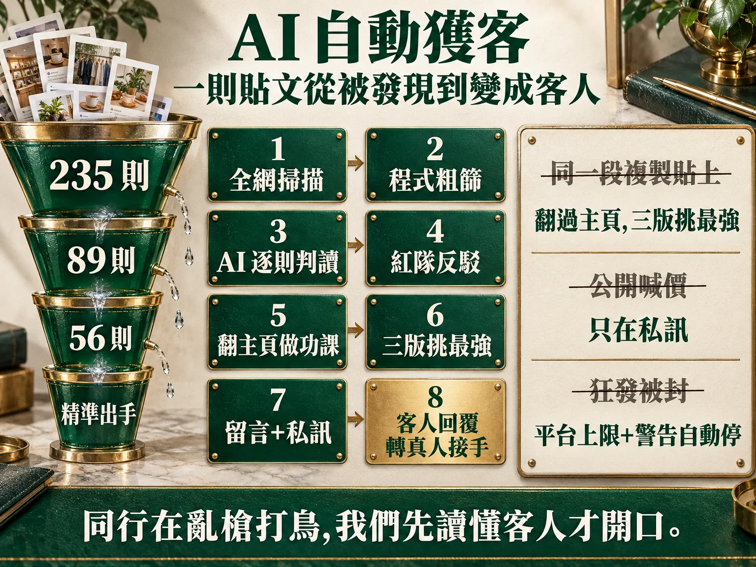 AI 自動獲客流程圖:235 則只挑值得的、8 道工序、傳統亂留言與 AI 獲客對照